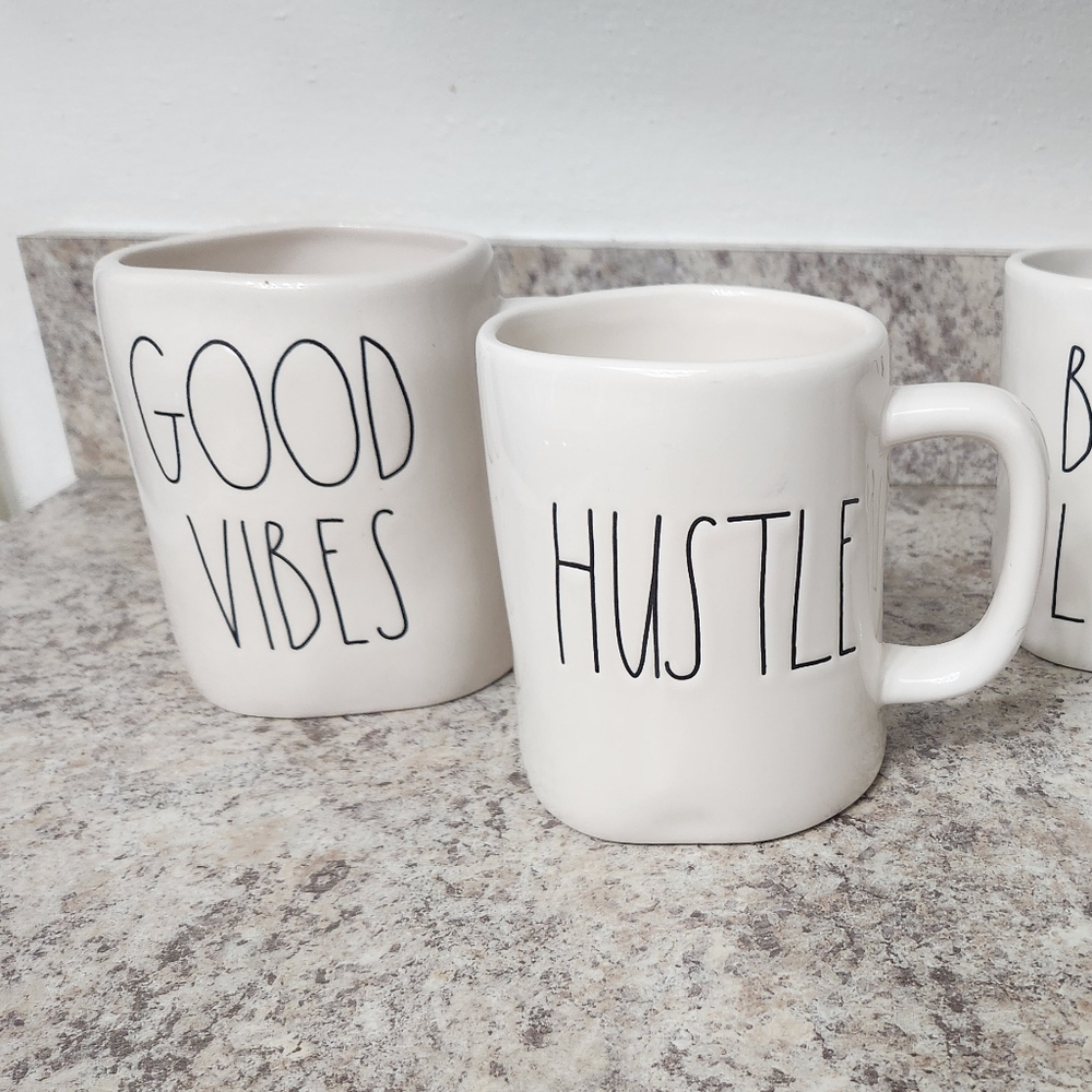 Rae Dunn White Ceramic Mugs Set  "Hustle" and "Good Vibes"